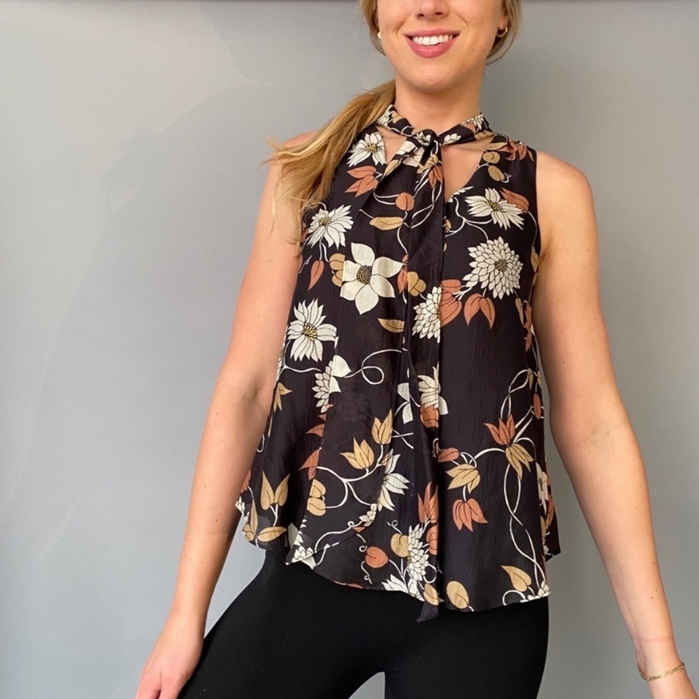 Maeve Anthropologie 100% Silk sleeveless blouse black floral Tie Neck Pussybow - Picture 1 of 9